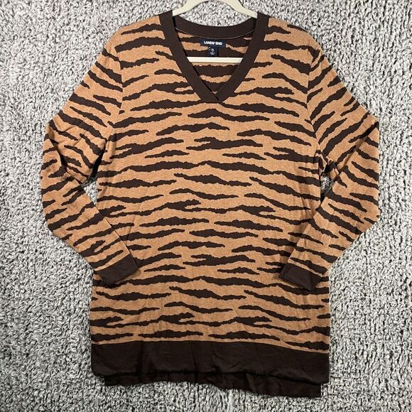 Lands’ End Sweater Size Women’s XL Brown Animal Print V-Neck Pullover Long Tunic - Picture 1 of 9
